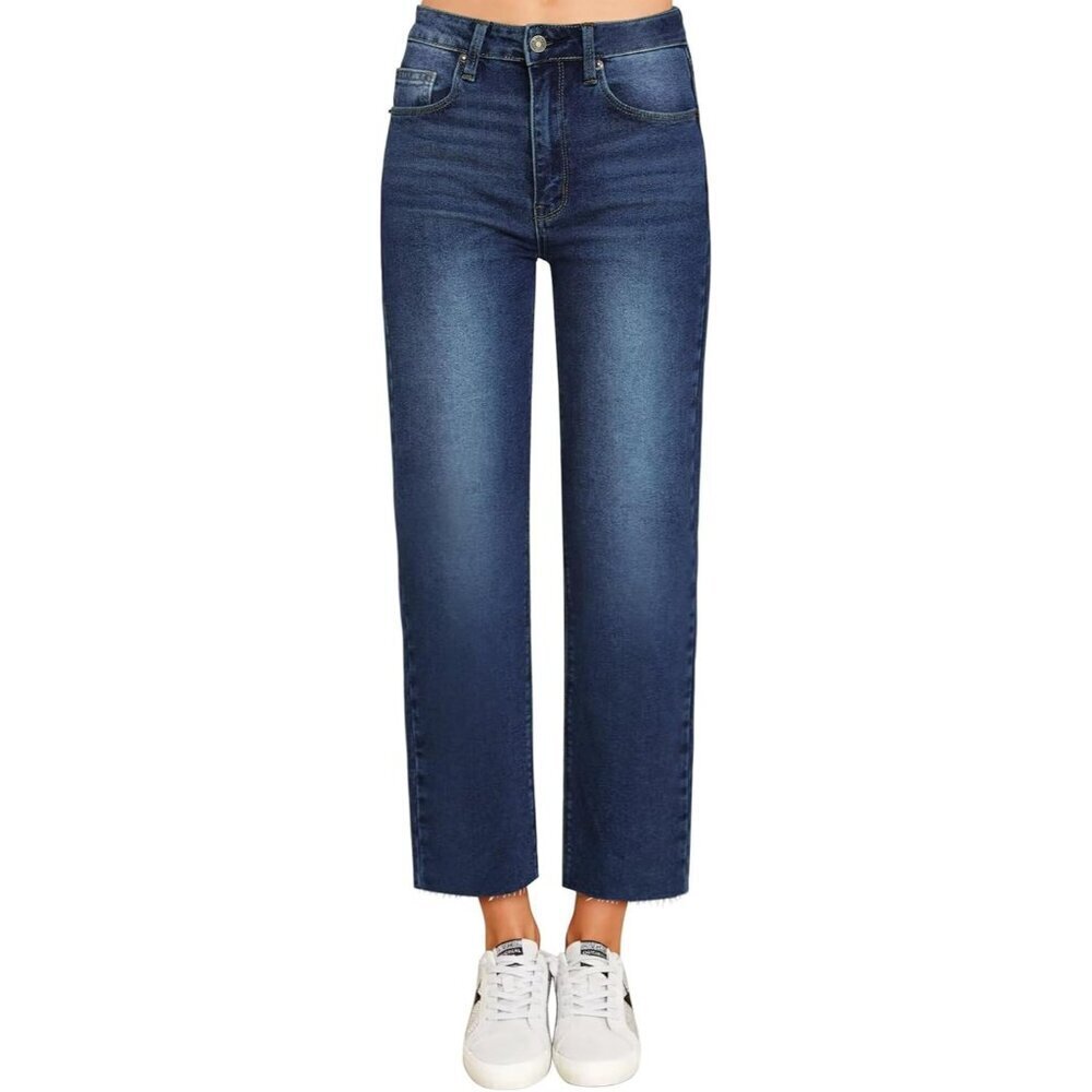 Women's Cropped Straight Leg Jeans High Waisted 7/8 Denim Pants